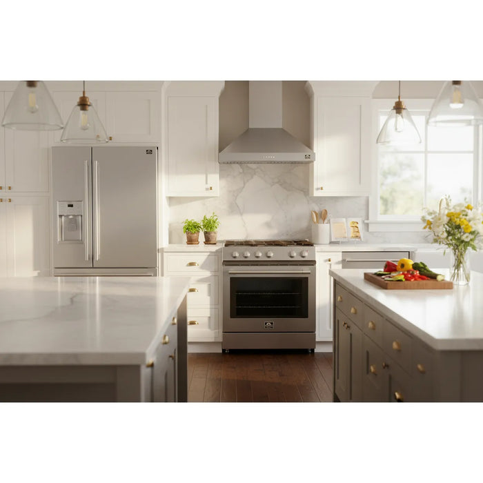 Forno 4-Piece Kitchen Appliance Package – 30-Inch Electric Range, 30-Inch Under-Cabinet Range Hood, 31-Inch Built-In Refrigerator & 24-Inch Built-In Dishwasher – FBDL-010-01US