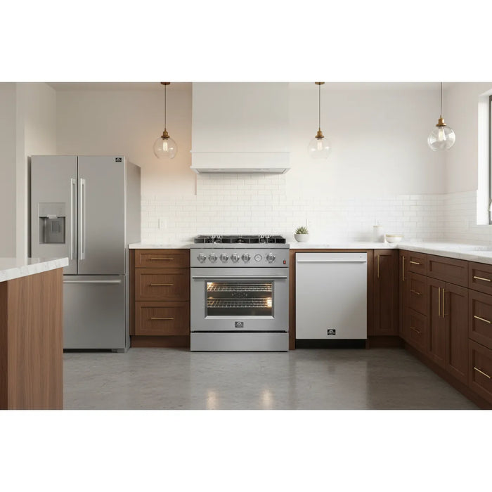 Forno 3-Piece Professional Kitchen Appliance Package – 30-Inch Gas Range, 31-Inch Built-In Refrigerator & 24-Inch Built-In Dishwasher – FBDL-012-01CAUS