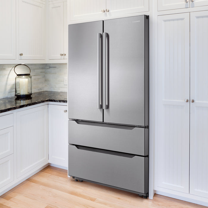 Cosmo 36-Inch Lumin Collection 22.5 Cu. Ft. Counter Depth 4-Door French Door Refrigerator with Handles in Stainless Steel (COS-FDR225RHSS-G)