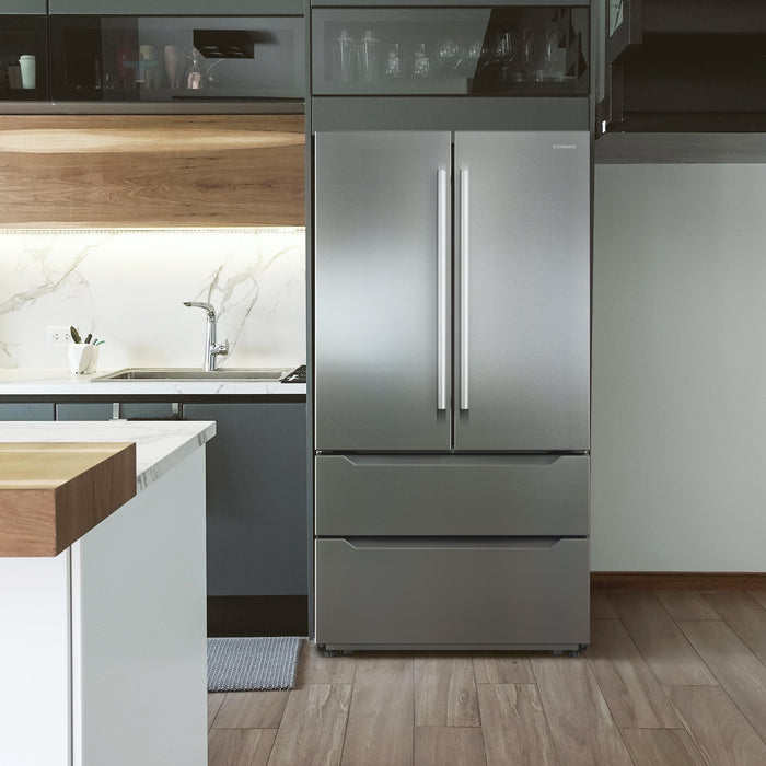 Cosmo 36-Inch Lumin Collection 22.5 Cu. Ft. Counter Depth 4-Door French Door Refrigerator with Handles in Stainless Steel (COS-FDR225RHSS-G)