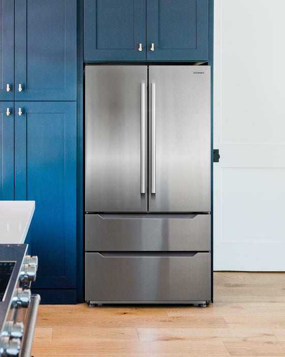 Cosmo 36-Inch Lumin Collection 22.5 Cu. Ft. Counter Depth 4-Door French Door Refrigerator with Handles in Stainless Steel (COS-FDR225RHSS-G)