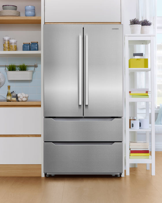 Cosmo 36-Inch Lumin Collection 22.5 Cu. Ft. Counter Depth 4-Door French Door Refrigerator with Handles in Stainless Steel (COS-FDR225RHSS-G)