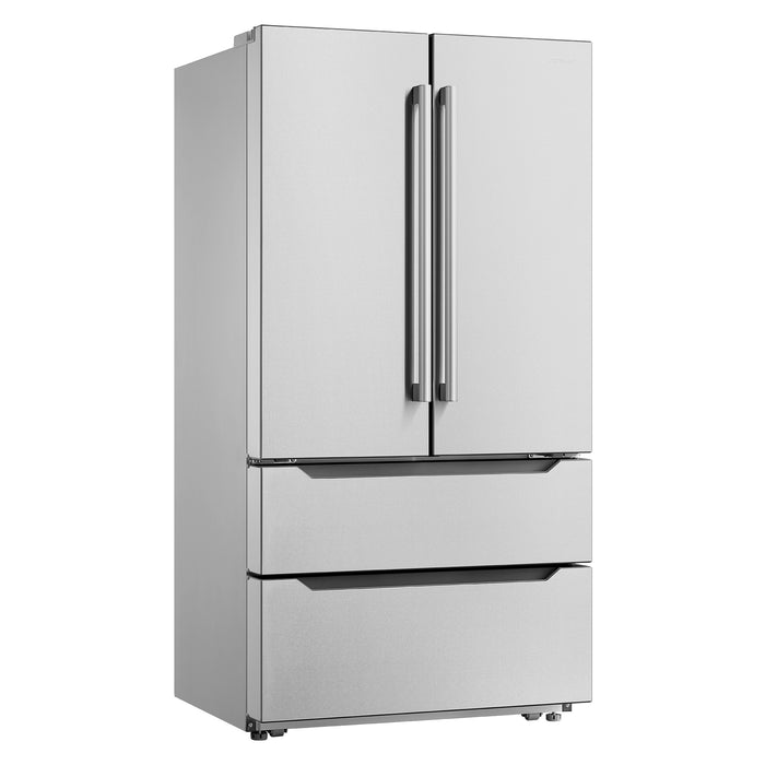 Cosmo 36-Inch Lumin Collection 22.5 Cu. Ft. Counter Depth 4-Door French Door Refrigerator with Handles in Stainless Steel (COS-FDR225RHSS-G)