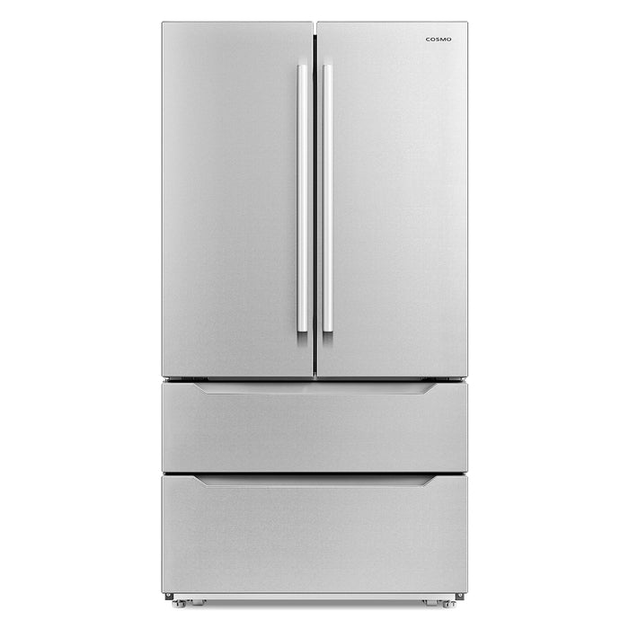 Cosmo 36-Inch Lumin Collection 22.5 Cu. Ft. Counter Depth 4-Door French Door Refrigerator with Handles in Stainless Steel (COS-FDR225RHSS-G)
