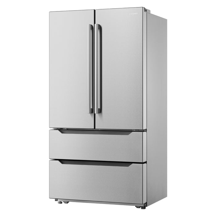 Cosmo 36-Inch Lumin Collection 22.5 Cu. Ft. Counter Depth 4-Door French Door Refrigerator with Handles in Stainless Steel (COS-FDR225RHSS-G)