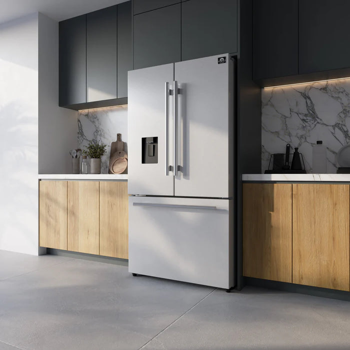 Forno Aosta FFFFD1866-36SB 36″ Stainless Steel French Door Refrigerator, 22.4 cu ft, Ice Maker, Water Dispenser