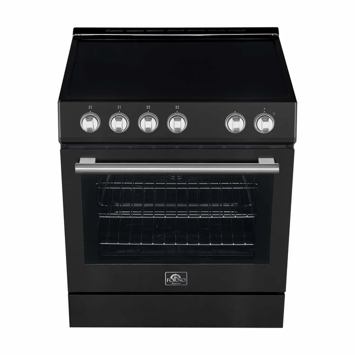 Forno FBDL-001-02US Appliance Package – FFSEL6012-30BLK Electric Range + FRHUC5255-30BLK Under-Cabinet Range Hood + FFFFD1785-31BLK Bottom Freezer Refrigerator (Black)