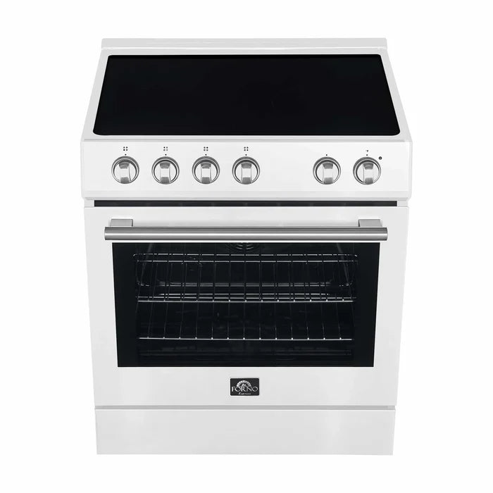 Forno FBDL-001-03US Appliance Package – FFSEL6012-30WHT Electric Range + FRHUC5255-30WHT Under-Cabinet Range Hood + FFFFD1785-31WHT Bottom Freezer Refrigerator (White)