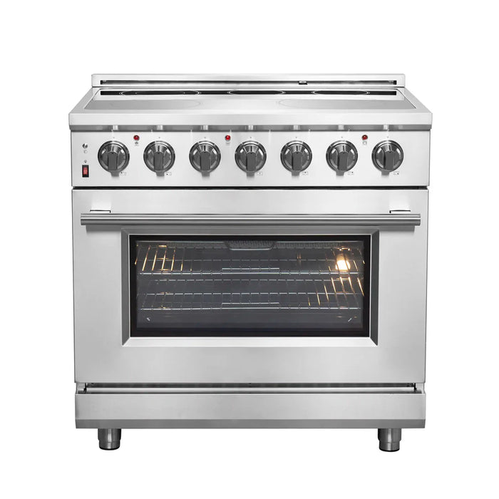 Forno Massimo FFSEL6020-36 36" Freestanding Electric Range – True Convection Oven, 5 Radiant Elements, 9,500W Cooktop, Stainless Steel