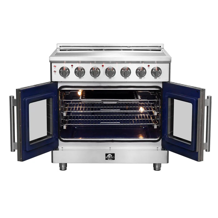 Forno Massimo FFSEL6955‑36 36" Freestanding French Door Electric Range – True Convection Oven, 5 Radiant Elements, 9,500W Cooktop, Stainless Steel