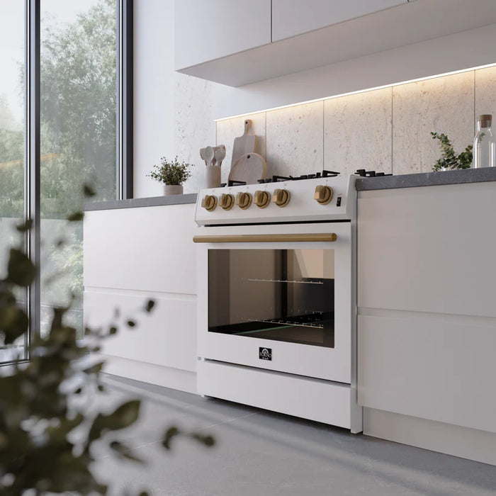 Forno Leonardo Espresso FFSGS1116-30WHT 30" Gas Range, 5 Burners, 39,500 BTU, 5.0 cu. ft. Convection Oven, White