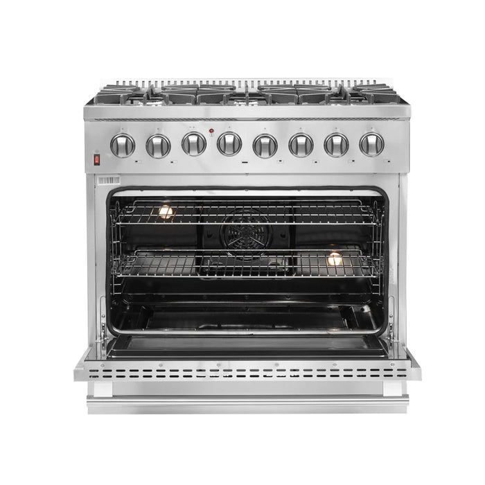 Forno Galiano FFSGS6156‑36 36" Dual Fuel Range, 6 Burners, 5.36 cu. ft. Convection Oven, Stainless Steel with Black Enamel Interior