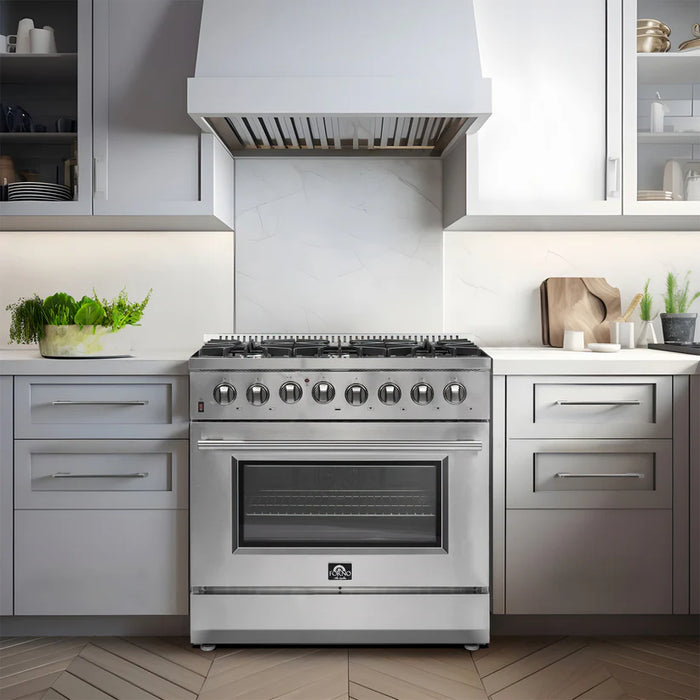 Forno Galiano FFSGS6156‑36 36" Dual Fuel Range, 6 Burners, 5.36 cu. ft. Convection Oven, Stainless Steel with Black Enamel Interior