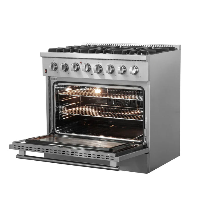 Forno Galiano FFSGS6156‑36 36" Dual Fuel Range, 6 Burners, 5.36 cu. ft. Convection Oven, Stainless Steel with Black Enamel Interior