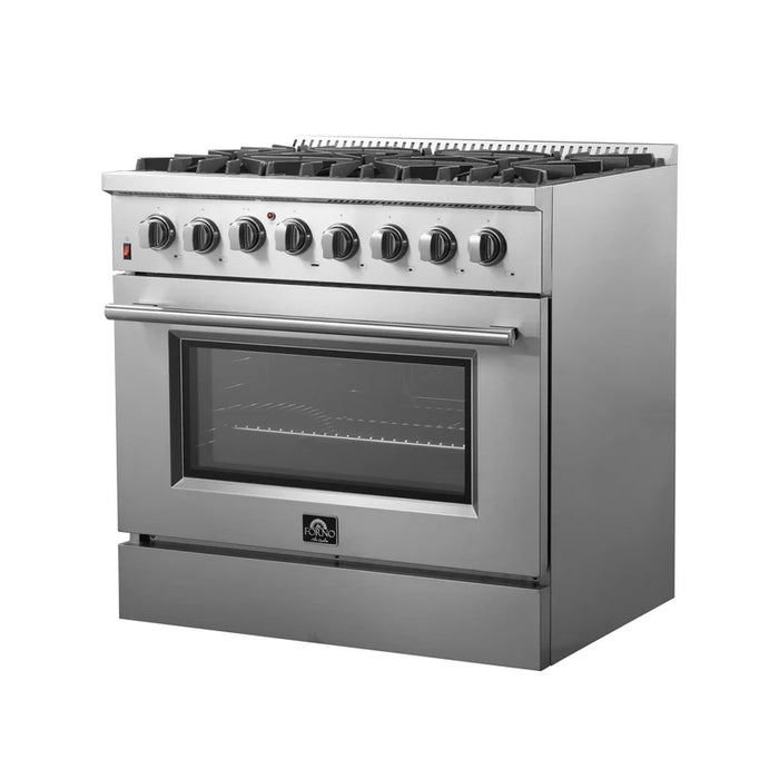 Forno Galiano FFSGS6156‑36 36" Dual Fuel Range, 6 Burners, 5.36 cu. ft. Convection Oven, Stainless Steel with Black Enamel Interior