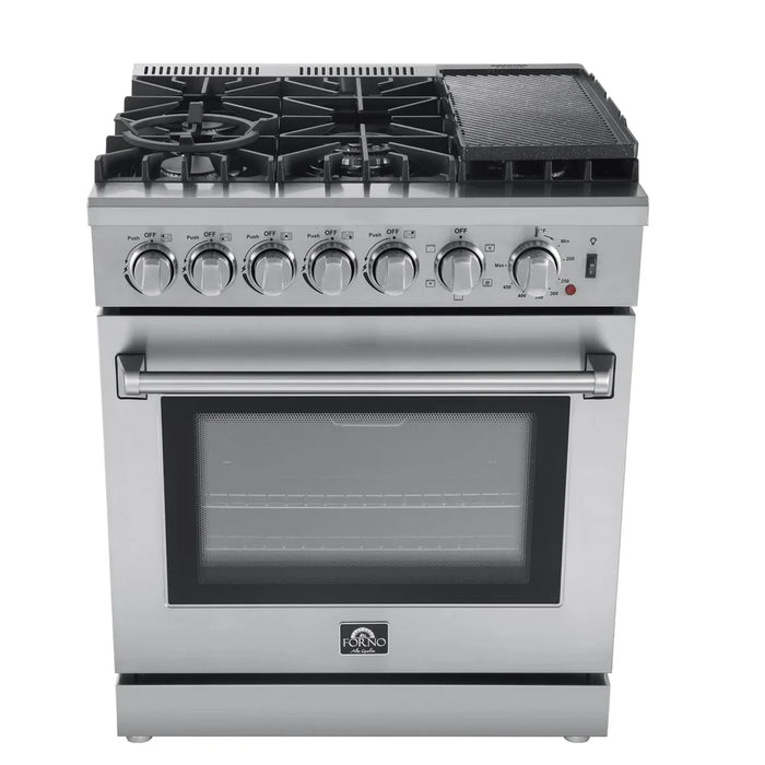 Forno Lazio FFSGS6196-30 30" Freestanding Dual Fuel Range – 5 Burners, 70,000 BTU Cooktop, 4.32 cu ft True Convection Oven, Stainless Steel