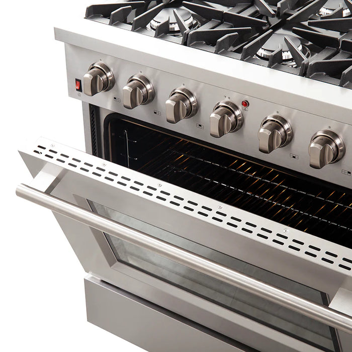 Forno Galiano FFSGS6244‑36 36" Freestanding Gas Range, 6 Sealed Burners, 5.36 cu. ft. Convection Oven, Stainless Steel