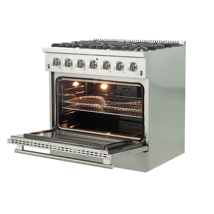 Forno Galiano FFSGS6244‑36 36" Freestanding Gas Range, 6 Sealed Burners, 5.36 cu. ft. Convection Oven, Stainless Steel