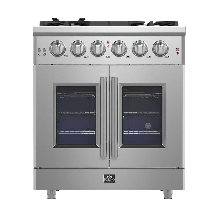 Forno Massimo FFSGS6439-30 30" Stainless Steel French Door Gas Range, 5 Sealed Burners, 4.32 cu. ft. Convection Oven