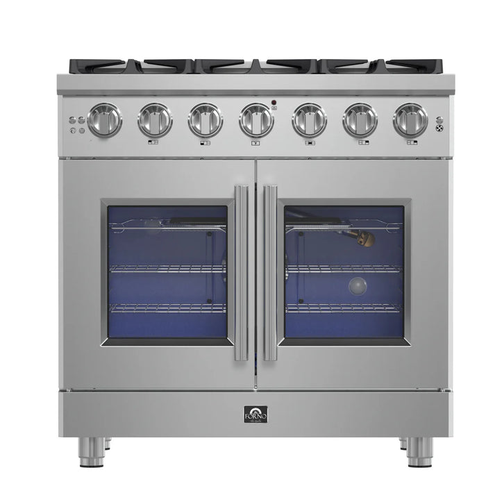 Forno Massimo FFSGS6439-36 36" Stainless Steel French Door Gas Range, 6 Sealed Burners, 5.36 cu. ft. Convection Oven