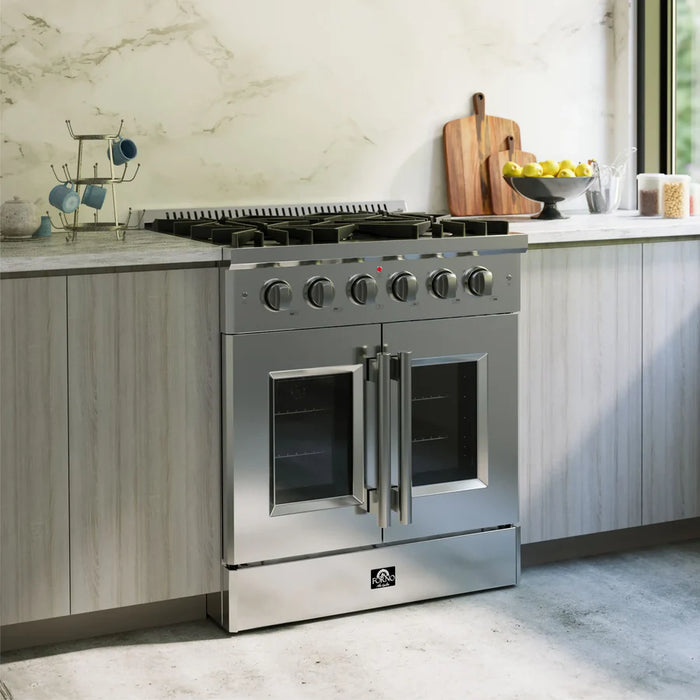 Forno Galiano FFSGS6444-30 30" Freestanding French Door Gas Range, 4 Burners, Stainless Steel