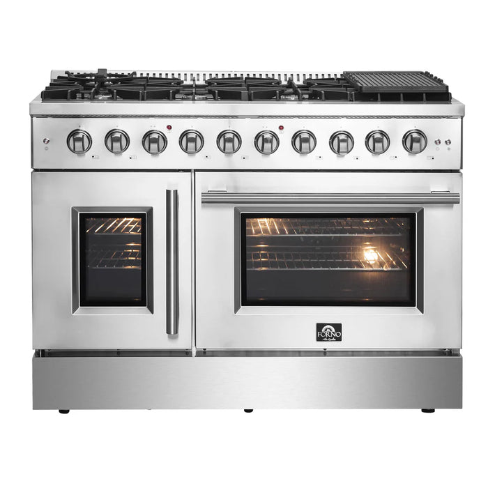 Forno Galiano FFSGS6444-48 48" French Door Gas Range, 8 Burners, Griddle, Stainless Steel