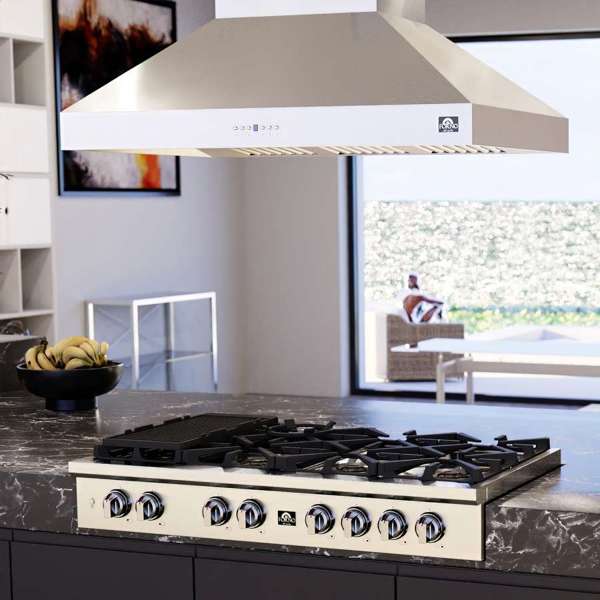 Forno Coppito 48-Inch Island Range Hood, Stainless Steel with LED Lighting and Adjustable Fan Speeds – Model FRHIS5129-48