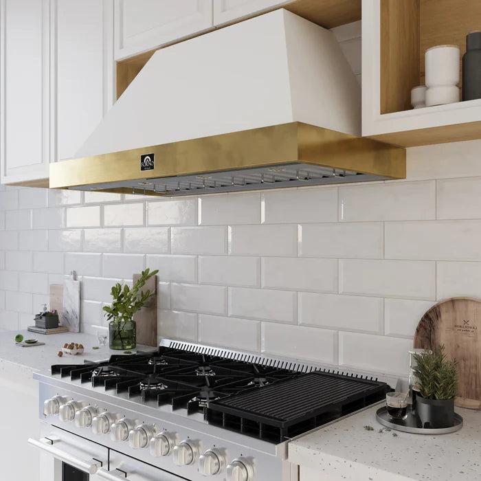 Forno Vittorio FRHWM5078-48WHT 48-Inch Wall Mount Range Hood – White with Antique Brass Trim, 600 CFM, Remote Control