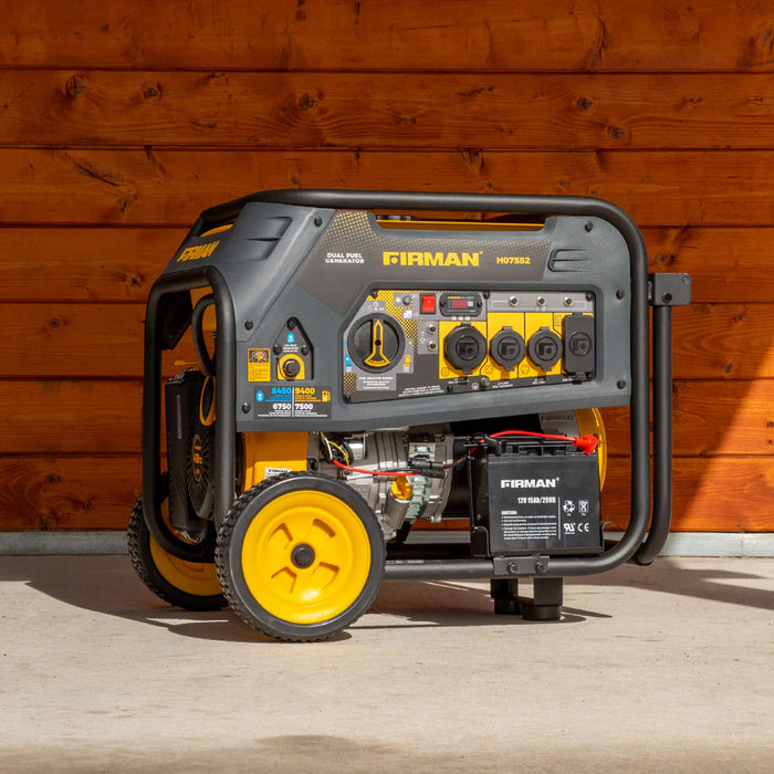 Firman Power Equipment H07552 Dual Fuel Portable Generator – 9,400 Start / 7,500 Run Watts (Gasoline or Propane), Electric Start, 50 A, Wheel‑Kit