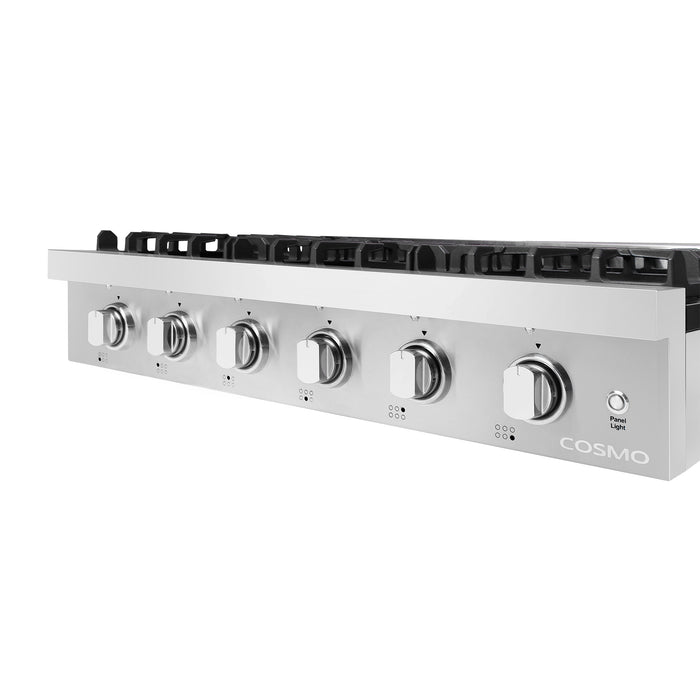 Cosmo 36-Inch Gas Cooktop with 6 Sealed Italian Burners, Black Porcelain Surface & Cast Iron Grates in Stainless Steel (COS-GRT366)