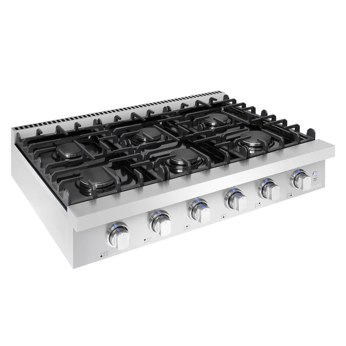 Cosmo 36-Inch Gas Cooktop with 6 Sealed Italian Burners, Black Porcelain Surface & Cast Iron Grates in Stainless Steel (COS-GRT366)