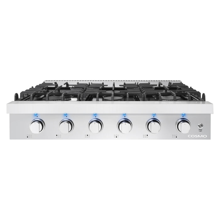 Cosmo 36-Inch Gas Cooktop with 6 Sealed Italian Burners, Black Porcelain Surface & Cast Iron Grates in Stainless Steel (COS-GRT366)