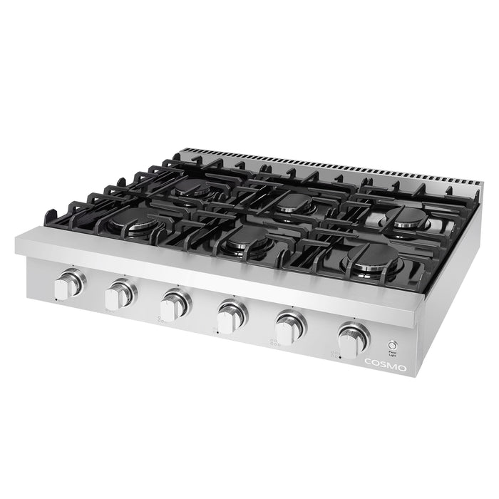 Cosmo 36-Inch Gas Cooktop with 6 Sealed Italian Burners, Black Porcelain Surface & Cast Iron Grates in Stainless Steel (COS-GRT366)