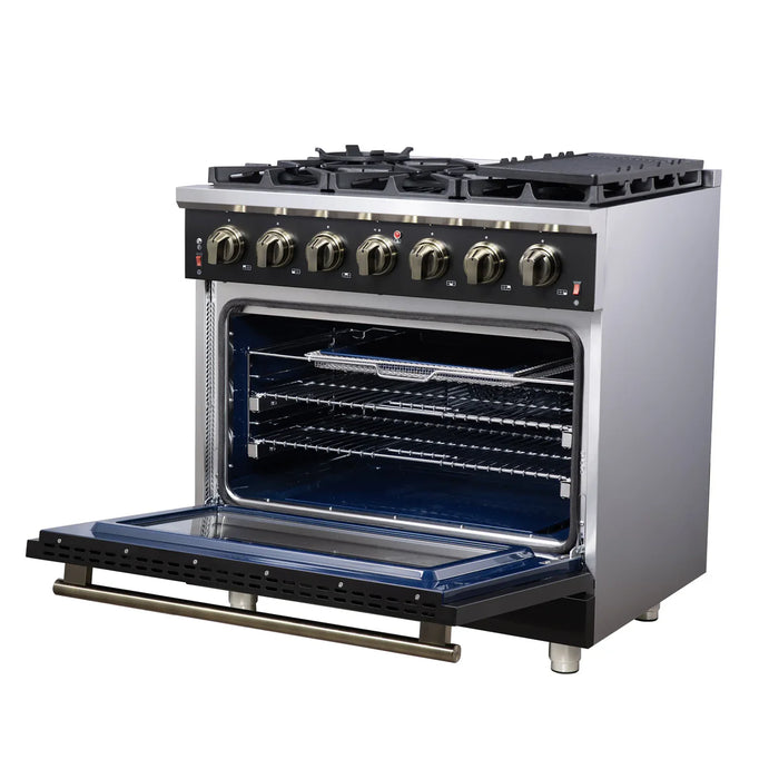 Forno Massimo FFSGS6239-36BLK 36" Black Freestanding Gas Range, 6 Sealed Burners, 5.36 cu. ft. Convection Oven