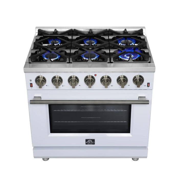 Forno Massimo FFSGS6239-36WHT 36" White Freestanding Gas Range, White, 6 Sealed Burners, 5.36 cu. ft. Convection Oven