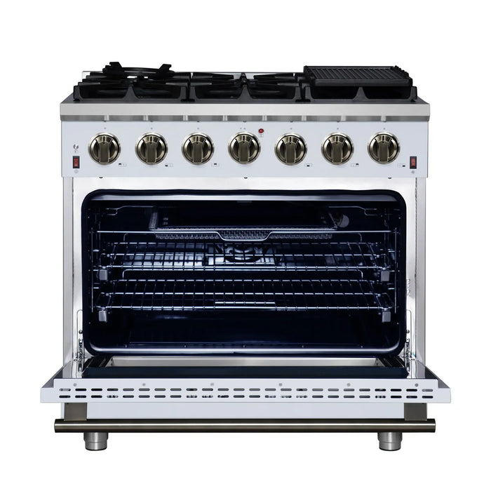 Forno Massimo FFSGS6239-36WHT 36" White Freestanding Gas Range, White, 6 Sealed Burners, 5.36 cu. ft. Convection Oven