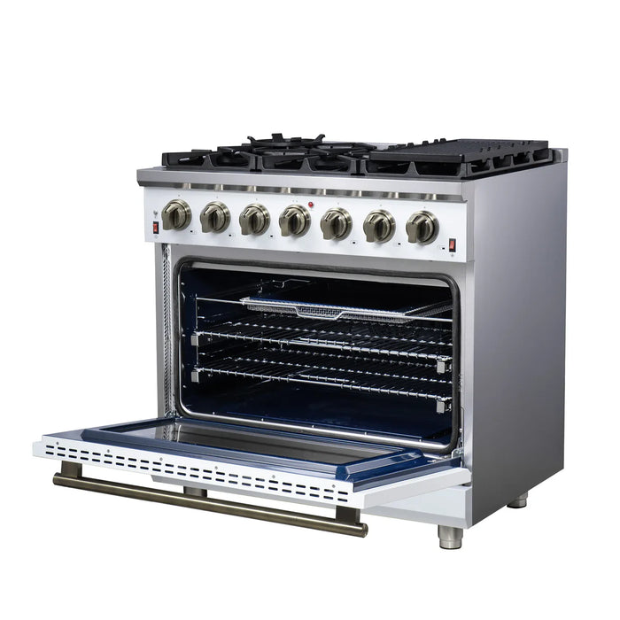 Forno Massimo FFSGS6239-36WHT 36" White Freestanding Gas Range, White, 6 Sealed Burners, 5.36 cu. ft. Convection Oven