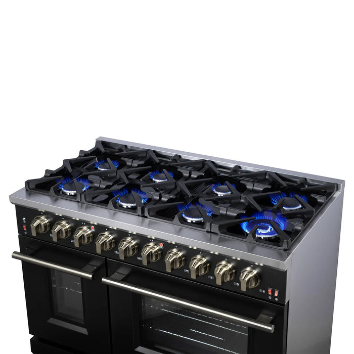 Forno Massimo FFSGS6239-48BLK 48" Black Freestanding Gas Range, 8 Sealed Burners, True Convection Double Oven