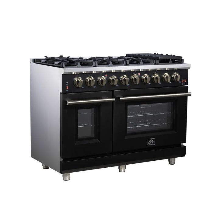 Forno Massimo FFSGS6239-48BLK 48" Black Freestanding Gas Range, 8 Sealed Burners, True Convection Double Oven