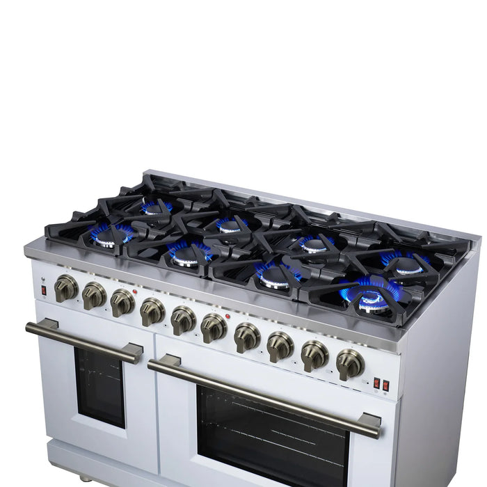 Forno Massimo FFSGS6239-48WHT 48" White Freestanding Gas Range, 8 Sealed Burners, Double Convection Oven