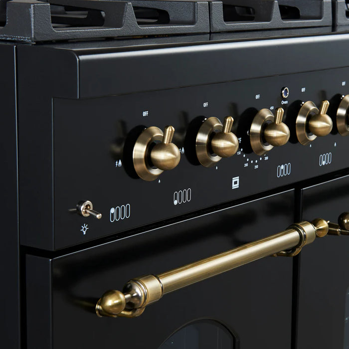 Forno Antico FFSGS6219-48BLK 48" Freestanding Gas Range, 8 Burners, Griddle, Double Ovens, Black with Antique Brass