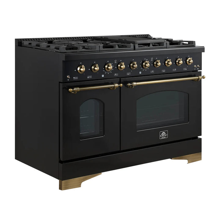 Forno Antico FFSGS6219-48BLK 48" Freestanding Gas Range, 8 Burners, Griddle, Double Ovens, Black with Antique Brass