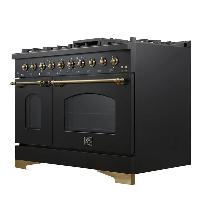 Forno Antico FFSGS6219-48BLK 48" Freestanding Gas Range, 8 Burners, Griddle, Double Ovens, Black with Antique Brass