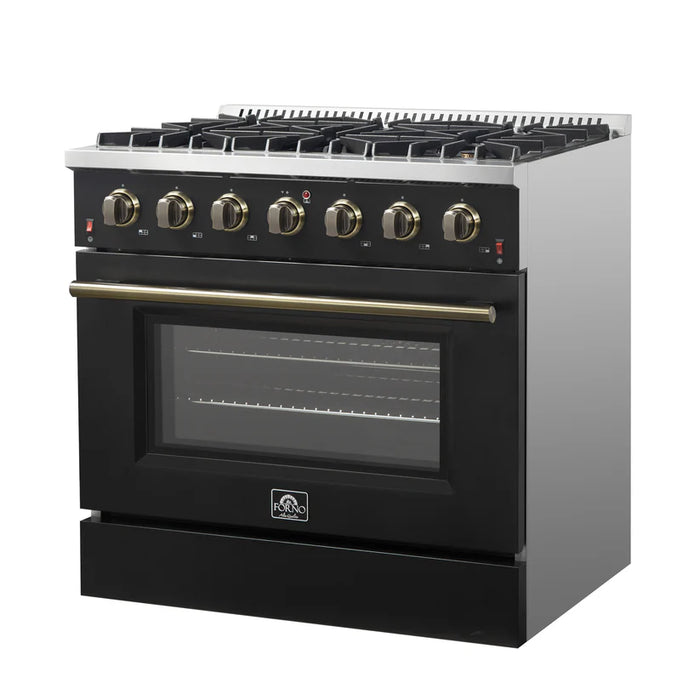 Forno Galiano FFSGS6244‑36BLK 36" Freestanding Gas Range, 6 Sealed Burners, 5.36 cu. ft. Convection Oven, Black & Antique Brass