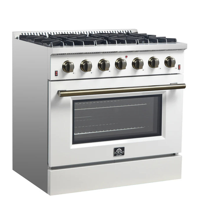 Forno Galiano FFSGS6244‑36WHT 36" Freestanding Gas Range, 6 Sealed Burners, 5.36 cu. ft. Convection Oven, White & Antique Brass