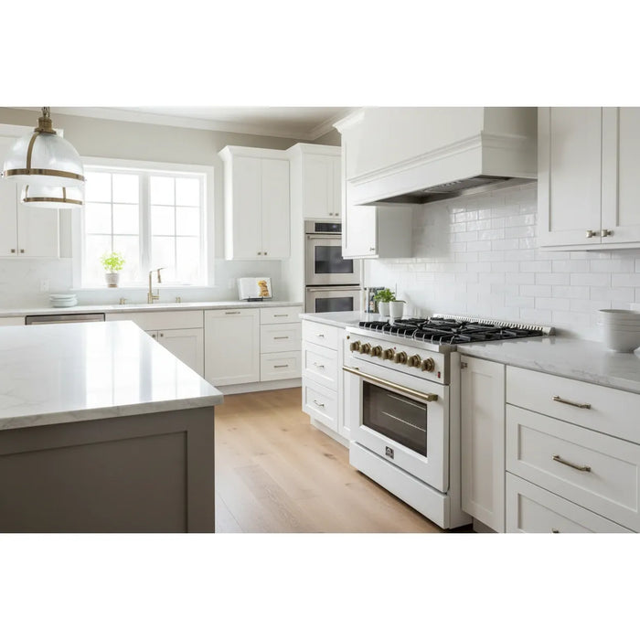 Forno Galiano FFSGS6244‑36WHT 36" Freestanding Gas Range, 6 Sealed Burners, 5.36 cu. ft. Convection Oven, White & Antique Brass