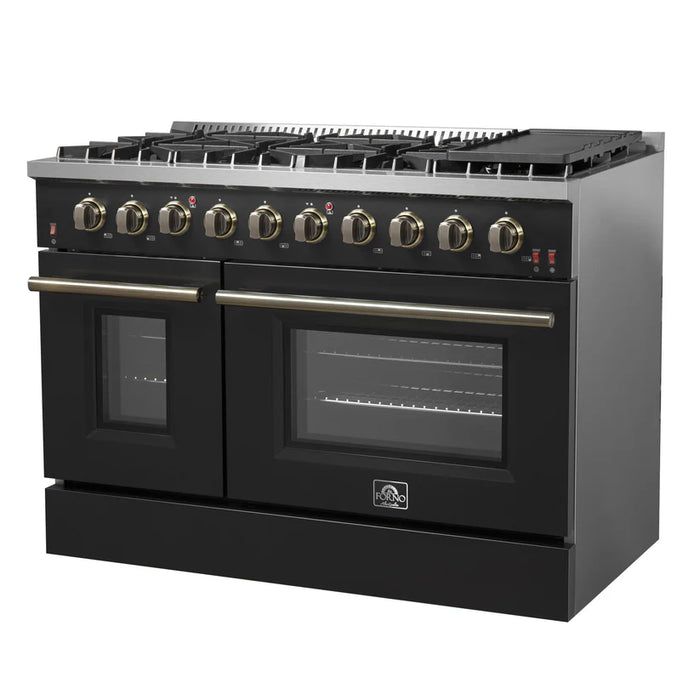 Forno Galiano FFSGS6244‑48BLK 48" Freestanding Gas Range, 8 Sealed Burners, Double Convection Ovens, 6.58 cu. ft., Black & Antique Brass
