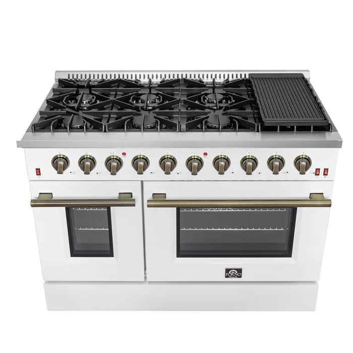 Forno Galiano FFSGS6244‑48WHT 48" Freestanding Gas Range, 8 Sealed Burners, Double Convection Ovens, 6.58 cu. ft., White & Antique Brass
