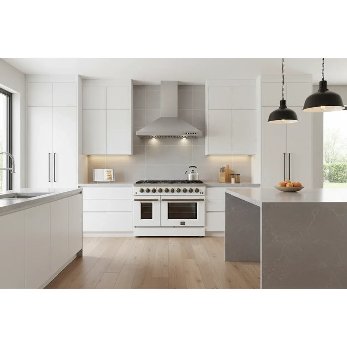 Forno Galiano FFSGS6244‑48WHT 48" Freestanding Gas Range, 8 Sealed Burners, Double Convection Ovens, 6.58 cu. ft., White & Antique Brass