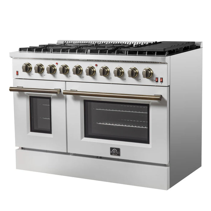 Forno Galiano FFSGS6244‑48WHT 48" Freestanding Gas Range, 8 Sealed Burners, Double Convection Ovens, 6.58 cu. ft., White & Antique Brass